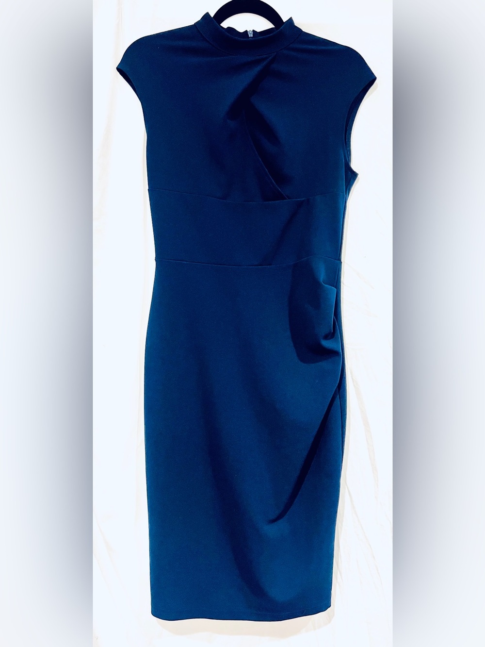 Miusol Navy Sheath Dress with Side Ruche and Unique Décolletage Affectation
